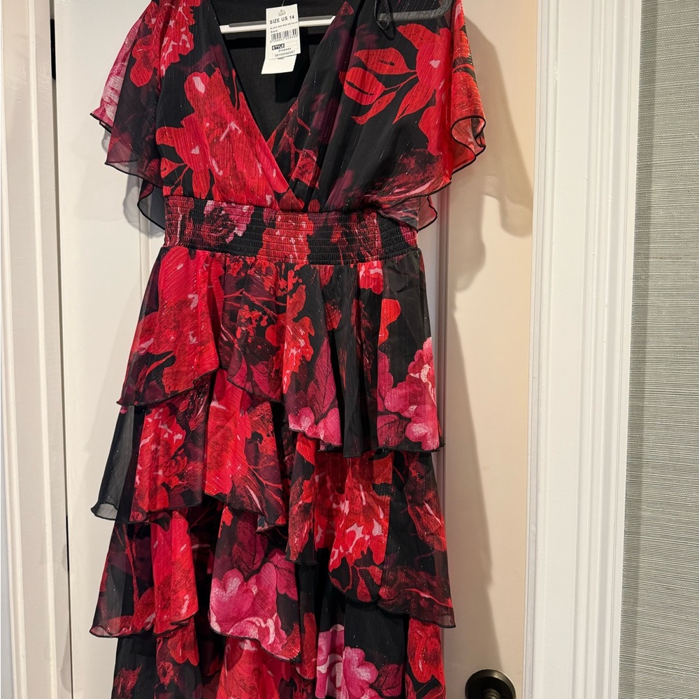 Red and Black Ruffled High Low Sundress with Flutter Sleeves